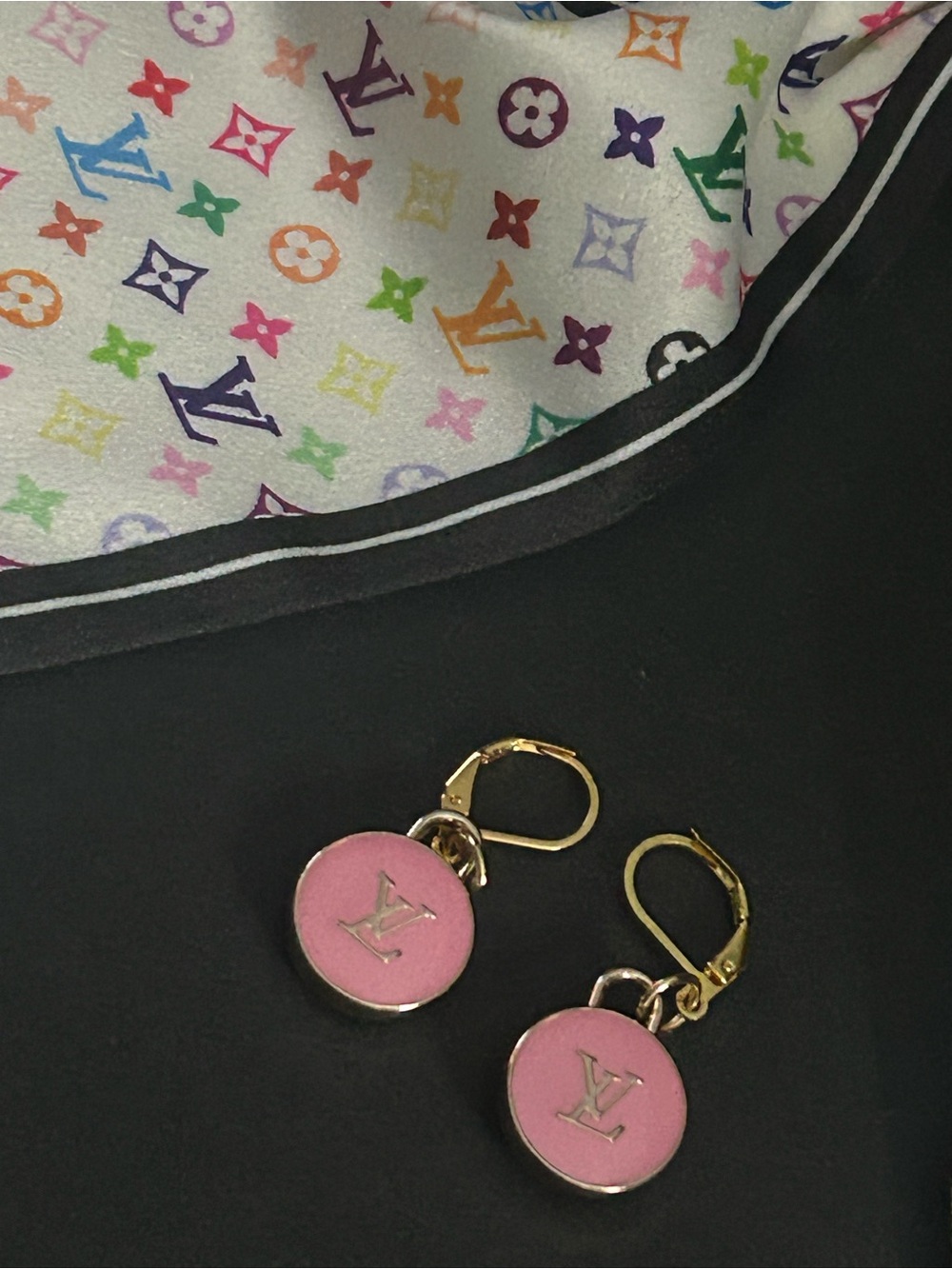 Multicolor Monogram Silk Bow Scrunchie with Pink LV Charm Earrings - Picture 4 of 7